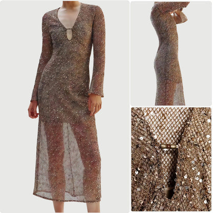 Damen Paillettenkleid V-Ausschnitt Lange Ärmel Norvielle - Norvielle