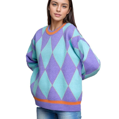 Damen Grobstrickpullover Diamantmuster Bunt