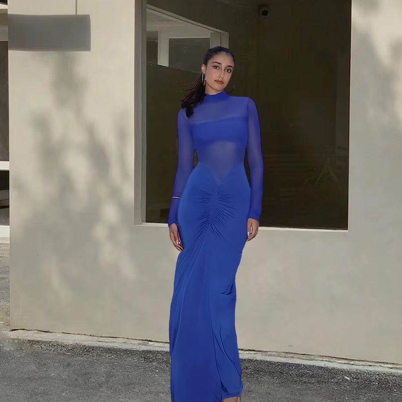 Damen Elegantes Maxikleid mit transparenten Ärmeln und Drapierung