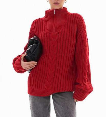 Damen Grobstrickpullover Zip-Kragen Zopf-Design Norvielle