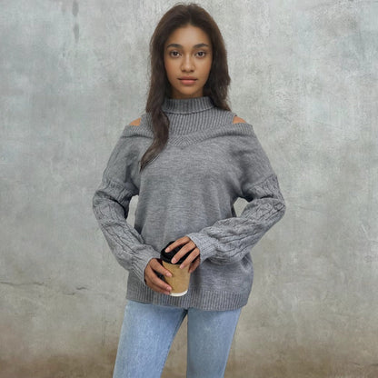 Damen Pullover Schulterfrei Zopfmuster Norvielle