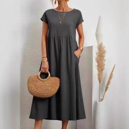 Damen Midi-Kleid Ballonärmel Praktische Taschen Norvielle
