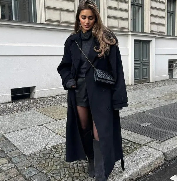 Damen Long-Trenchcoat aus Norvielle mit Stehkragen und Struktur