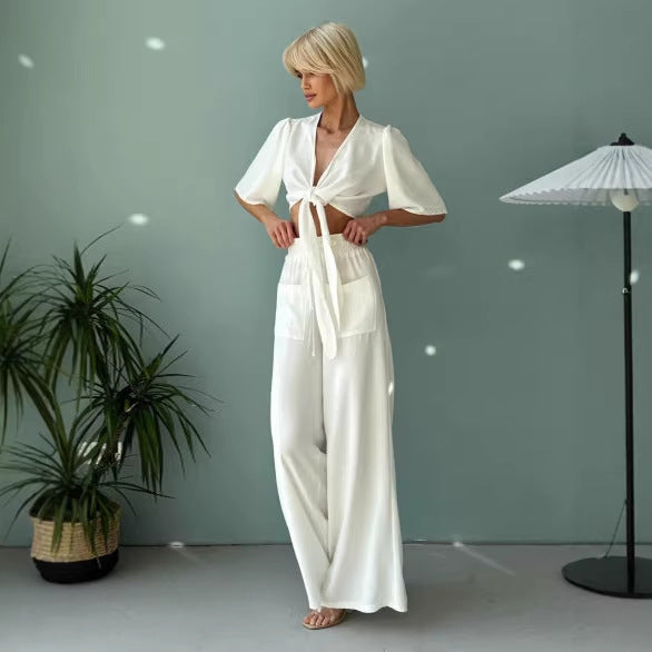 Damen Crop- Set mit High-Waist-Hose