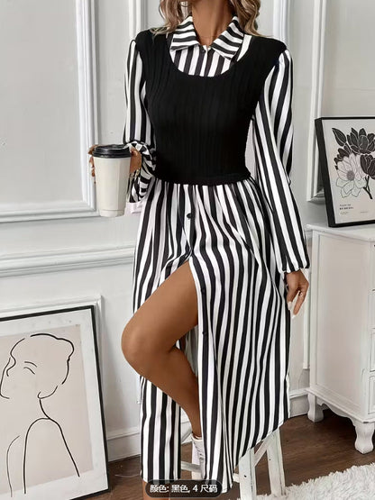 Damen Kleid Streifen Tailliert Knöpfe