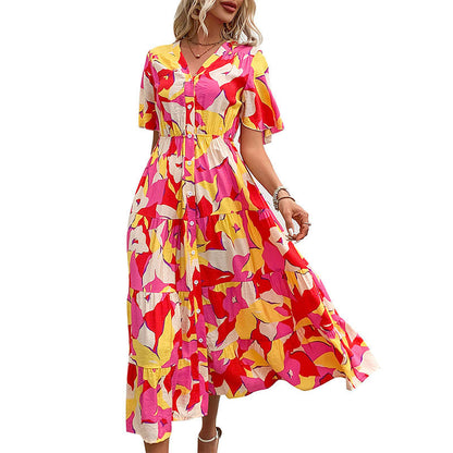 Damen Maxikleid Blumenmuster Knopfleiste Rüschen Details