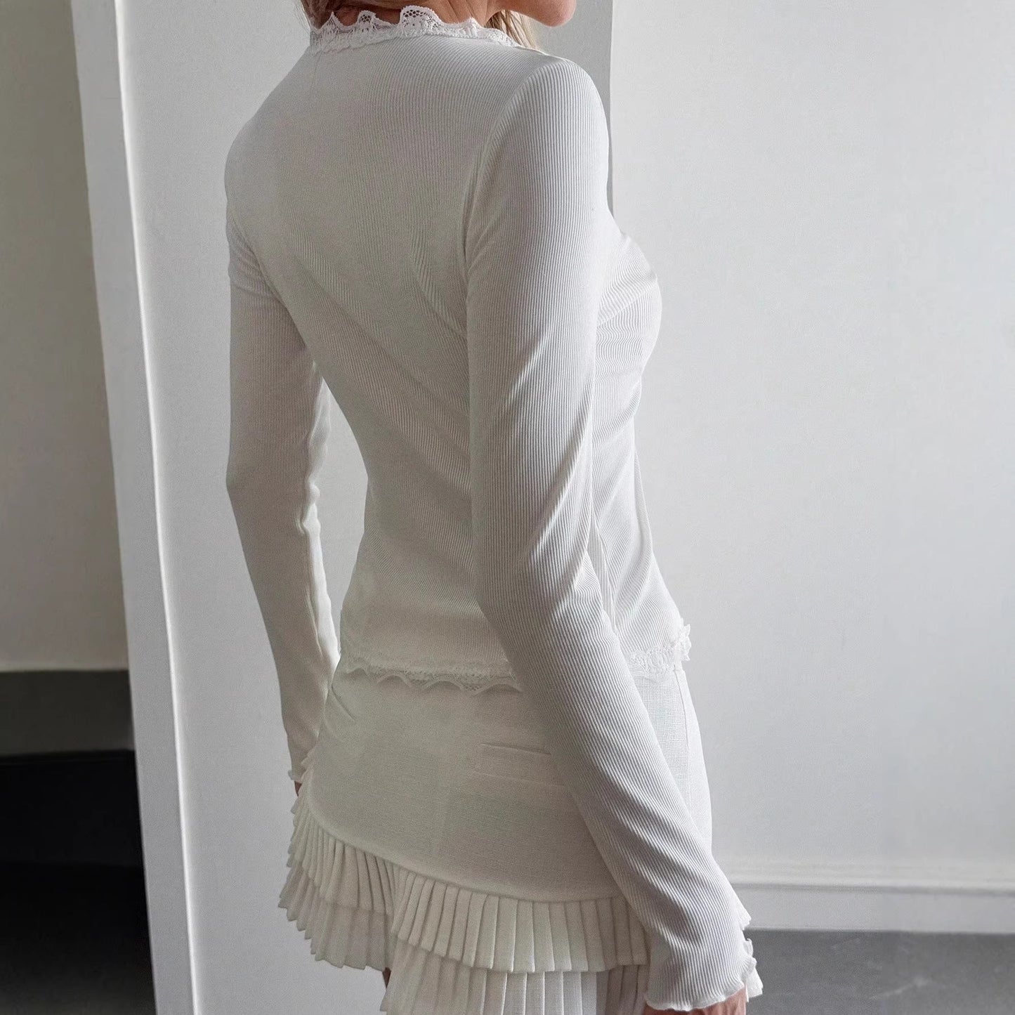 Damen Langarmshirt Spitze Knöpfe Weiß