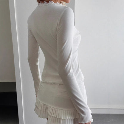 Damen Langarmshirt Spitze Knöpfe Weiß