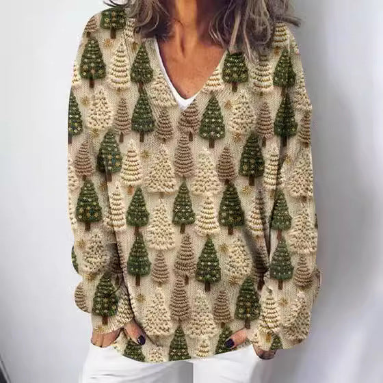 Damen Strickpullover Landschaftsmuster