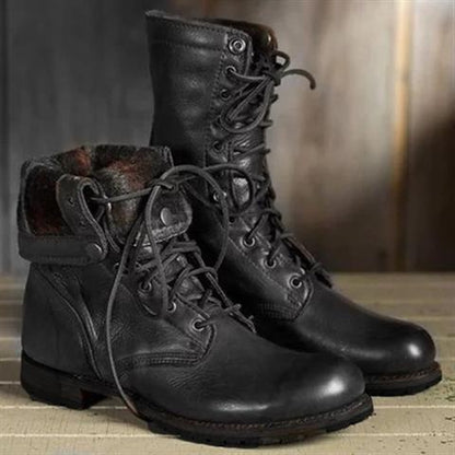 Norvielle Damen Schnürstiefel Leder Mittelhoher Schaft Runde Zehe