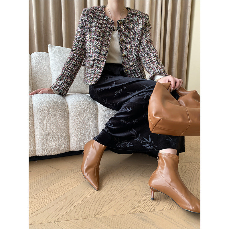 Damen Boucle-Jacke Strukturiert Symbolknöpfe Beige
