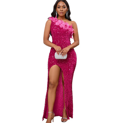 Damen Abendkleid Glitzernd Asymmetrisch Pailletten Norvielle
