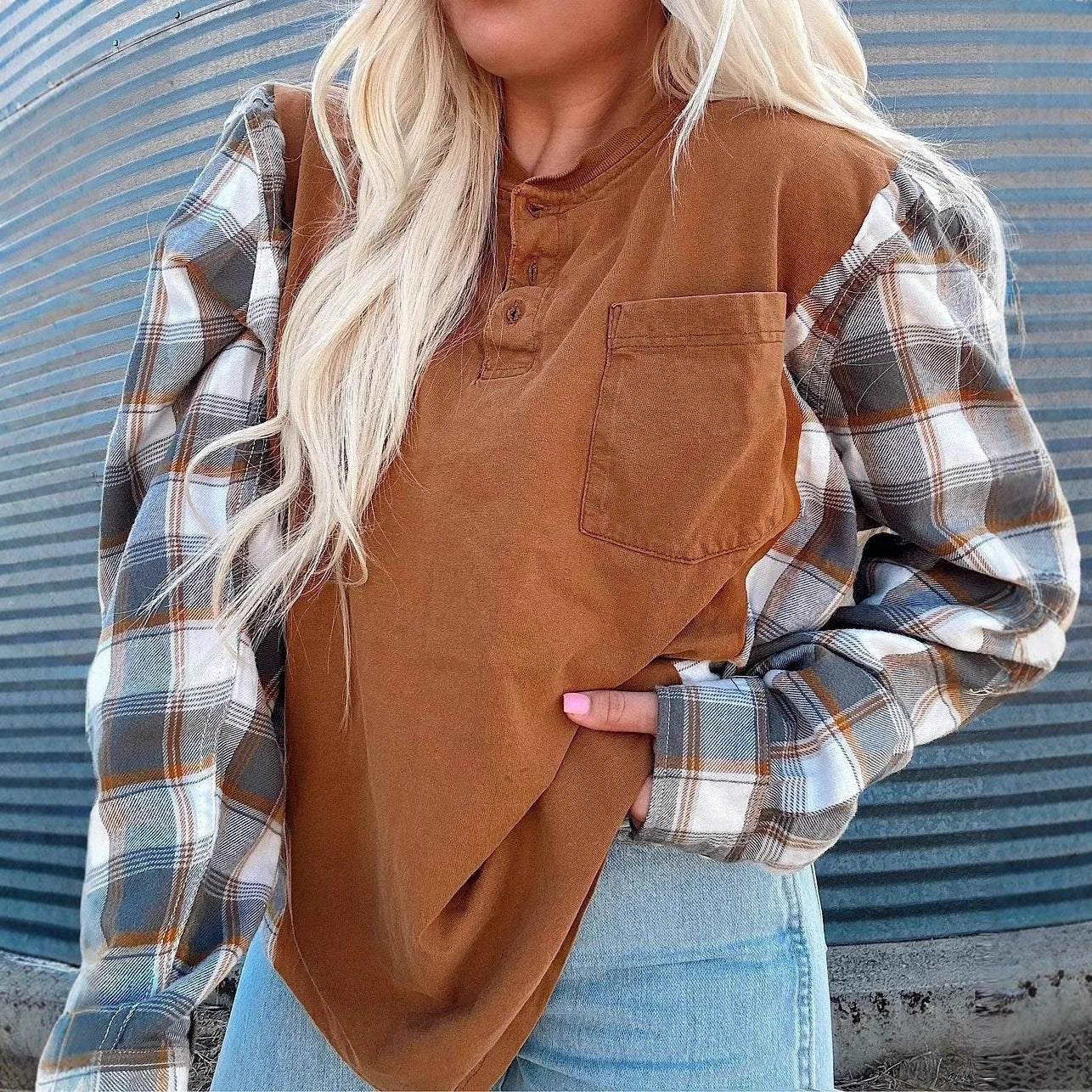 Damen Langarmshirt karierte Ärmel Norvielle