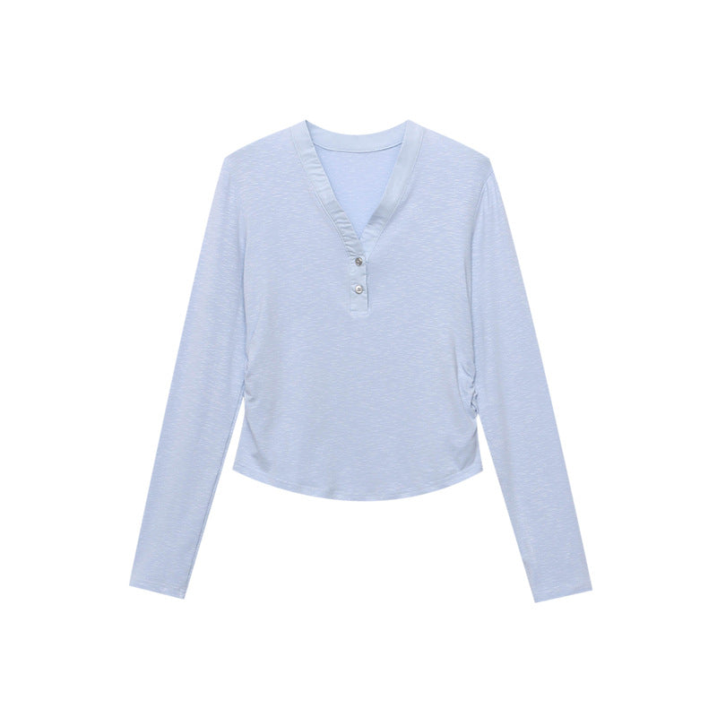 Damen Langarm Henley-Shirt Baumwolle Locker Weiß
