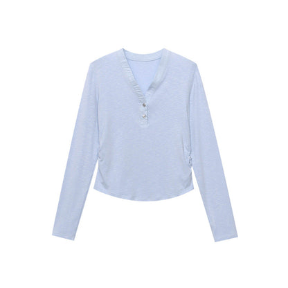 Damen Langarm Henley-Shirt Baumwolle Locker Weiß