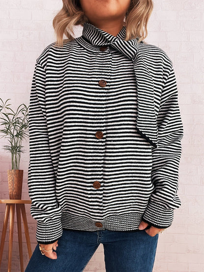 Damen Strickcardigan Gestreift Mit Hochem Kragen Dekorative Knöpfe