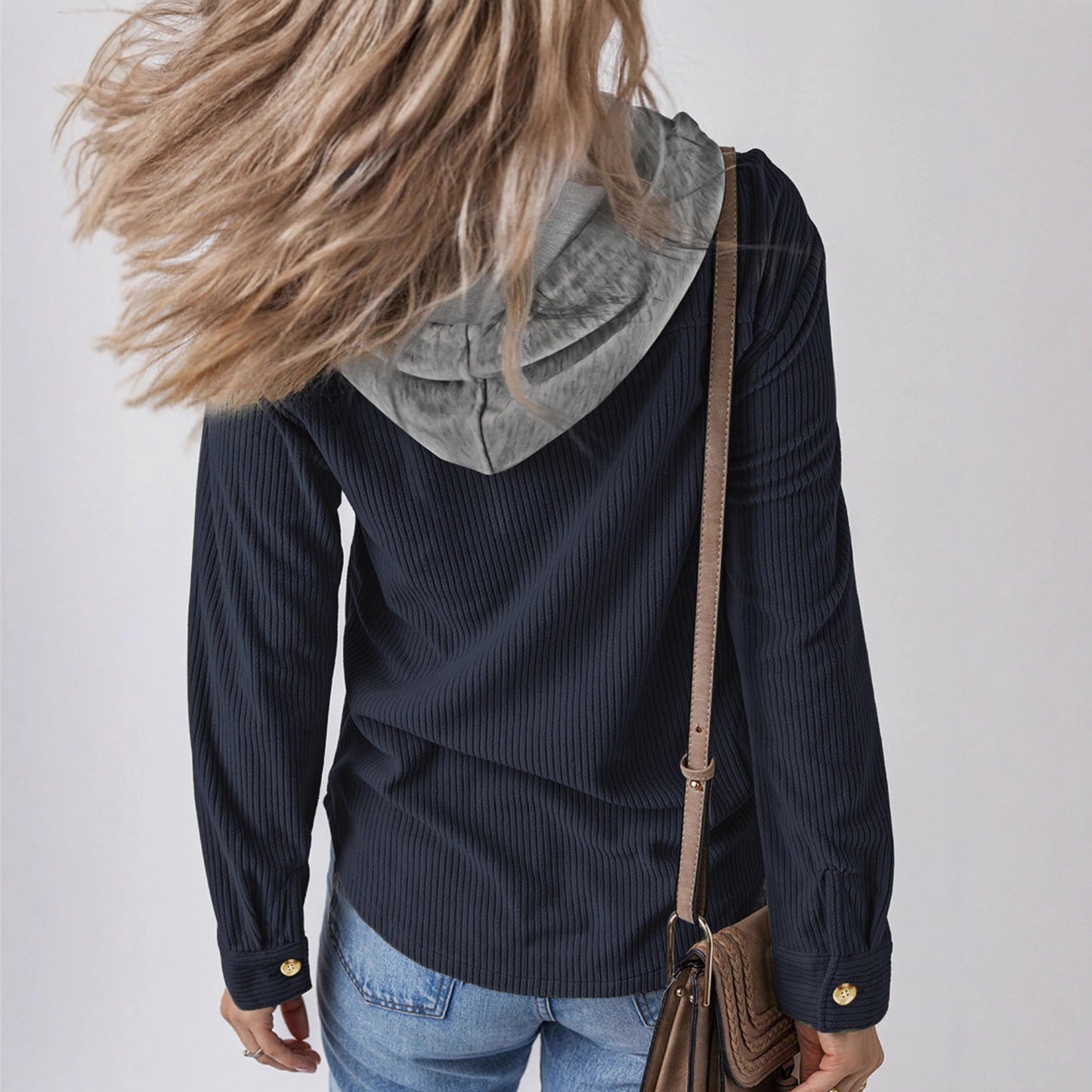 Damen Hemdjacke Gestreift Kapuze Taschen Norvielle