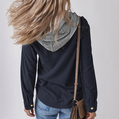 Damen Hemdjacke Gestreift Kapuze Taschen Norvielle