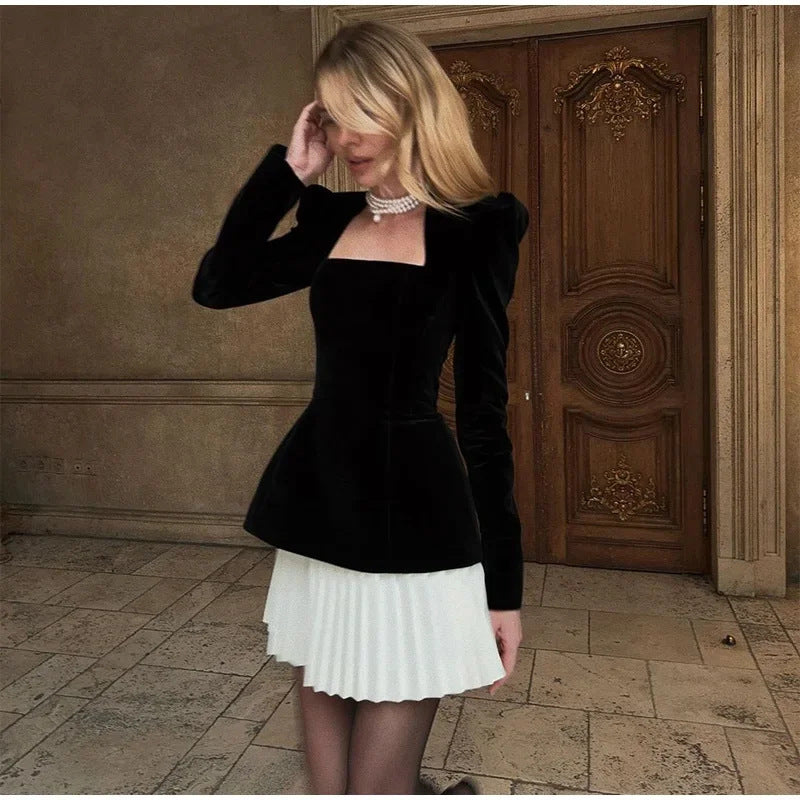 Damen Samtkleid Puffärmel Elegant