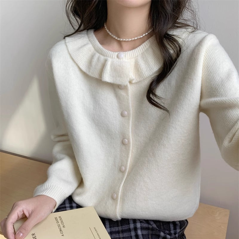 Damen Strickpullover Romantischer Rüschenkragen Feine Knöpfe Norvielle