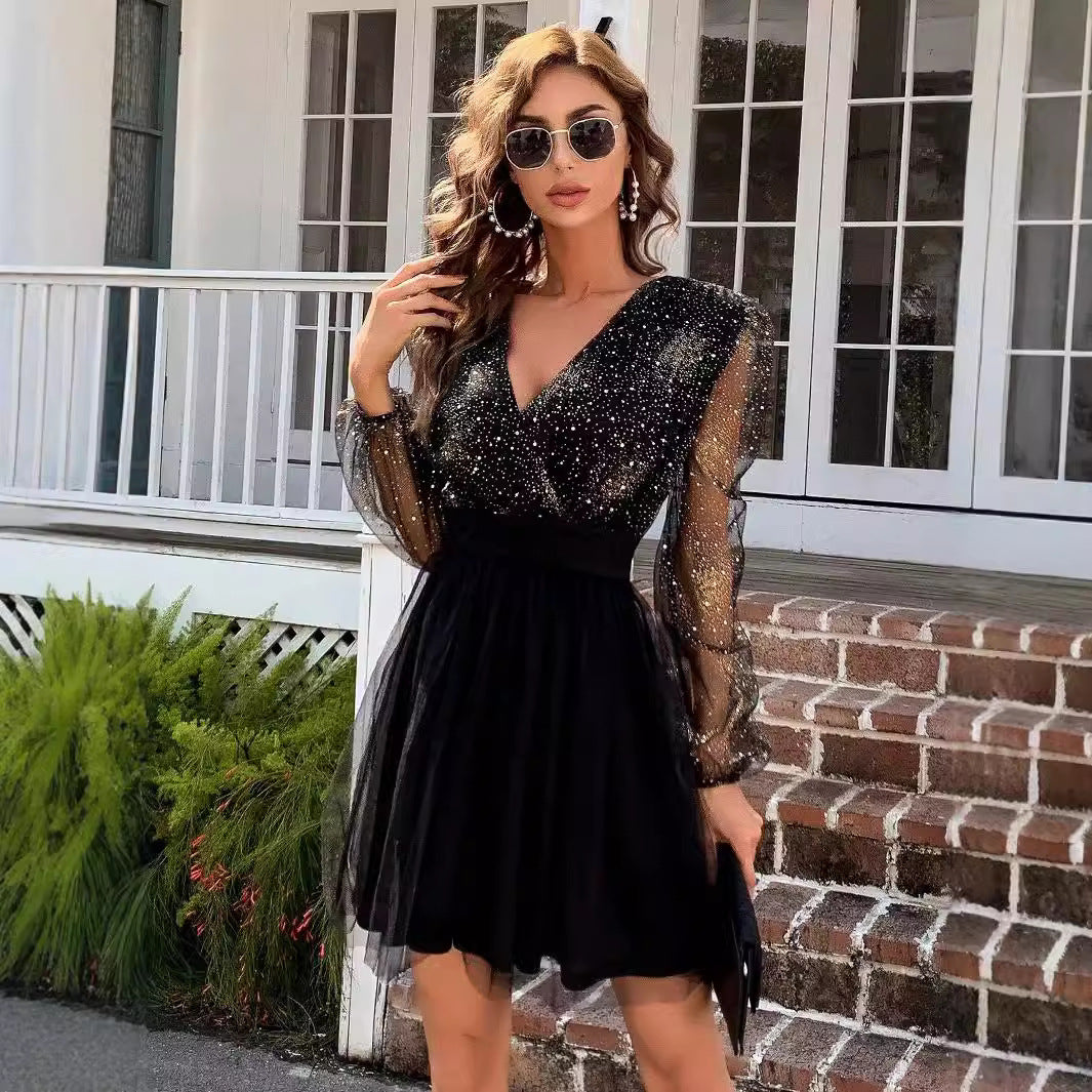 Damen Cocktailkleid Glitzerndes Oberteil Transparente Ärmel Norvielle - Norvielle
