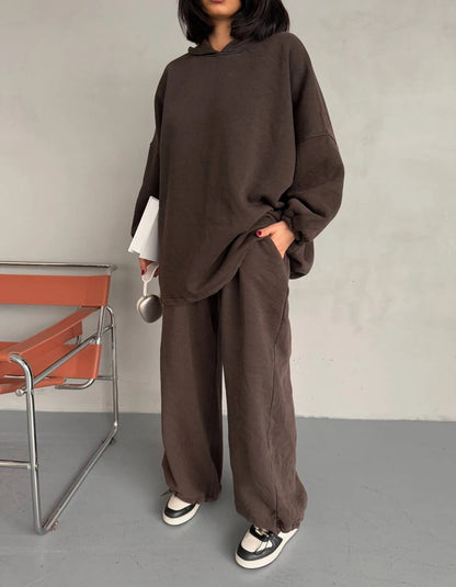 Damen Oversized Loungewear Set mit Kapuze elastisch Beige