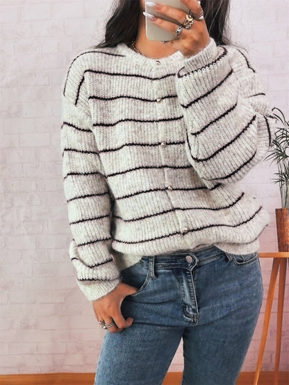 Damen Strickcardigan mit Knöpfen Streifenmuster Beige