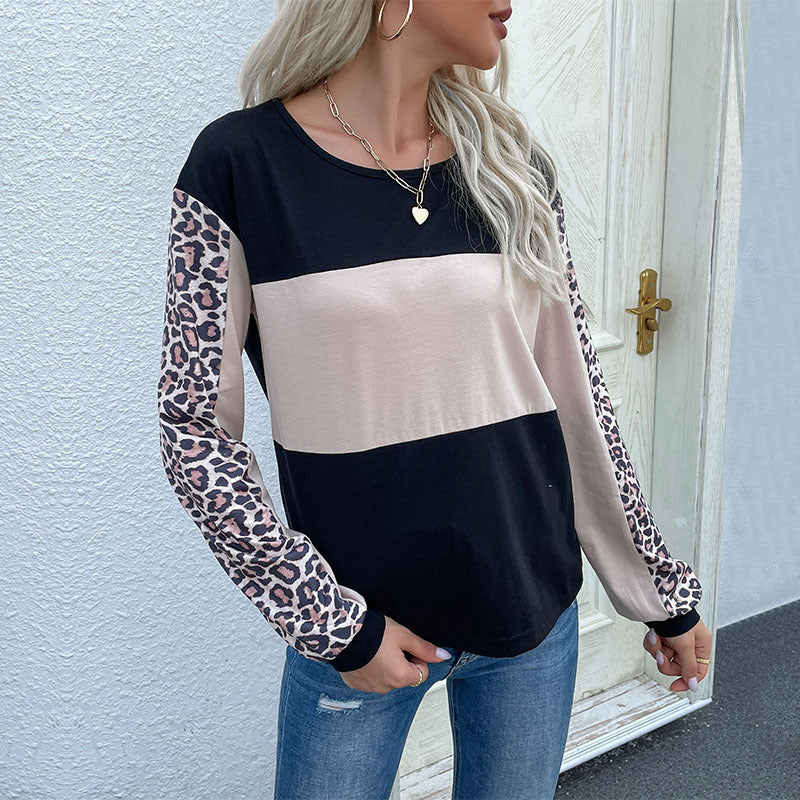 Damen Sweatshirt Gestreift Leopardenärmel Moderner Schnitt