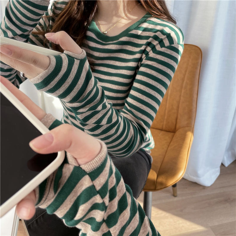 Damen Longsleeve-Shirt Streifenmuster Daumenlöcher Norvielle