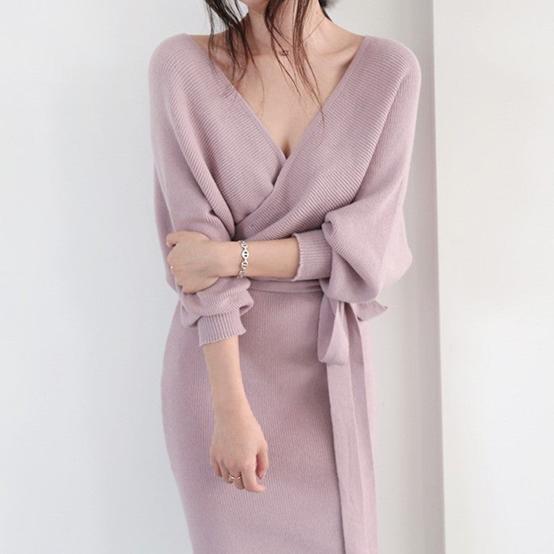 Damen Strickkleid Wickeloptik Länge Mit langen Ärmeln Norvielle