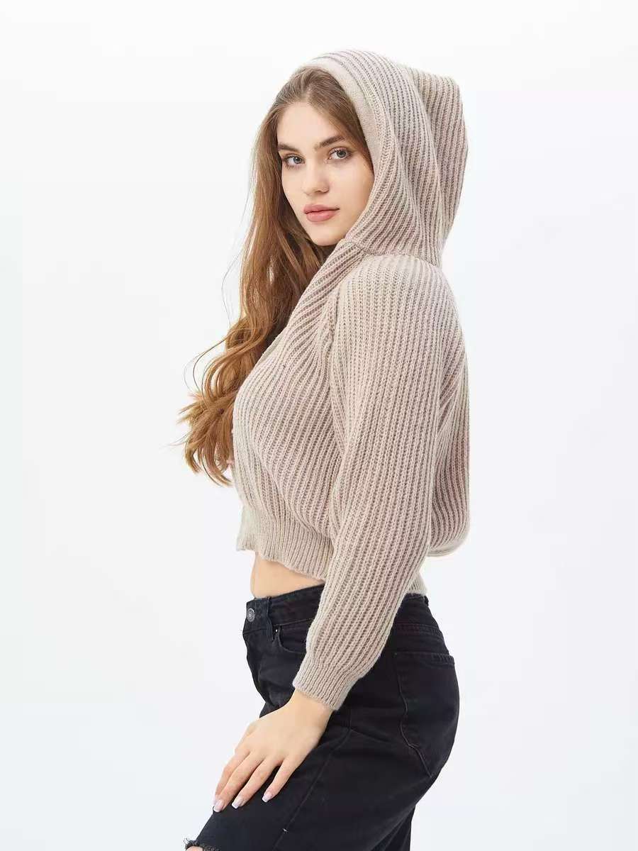 Damen Hoodie Weiches RippstrickMaterial Kordelzug