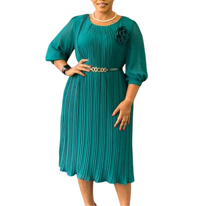 Damen Midi-Kleid Plissee Blumenapplikation Norvielle