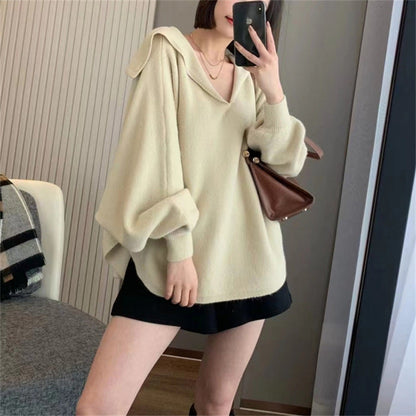 Damen Oversized Strickpullover Kapuze V-Ausschnitt Norvielle - Norvielle