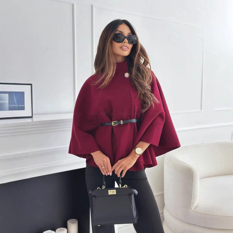 Damen Wollcape Mit Gürtel Hoher Kragen