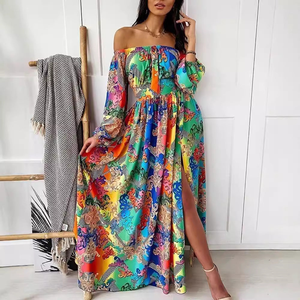 Damen Off-Shoulder Maxikleid Plissiert Hohes Schlitz