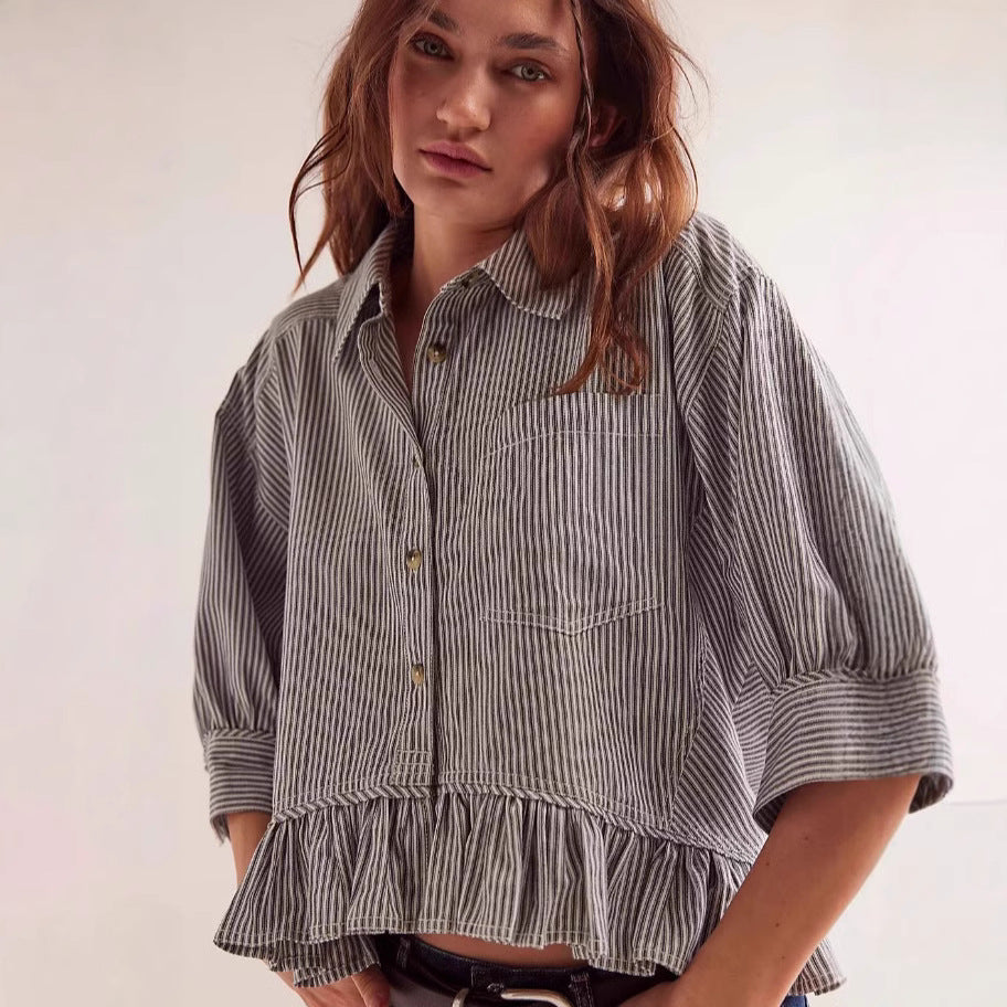 Damen Bluse Gestreift Volantabschluss Lässiger Schnitt