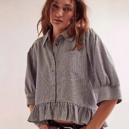 Damen Bluse Gestreift Volantabschluss Lässiger Schnitt