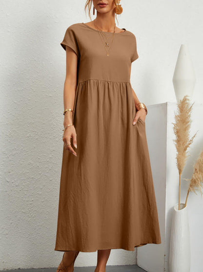 Damen Midi-Kleid Ballonärmel Praktische Taschen Norvielle