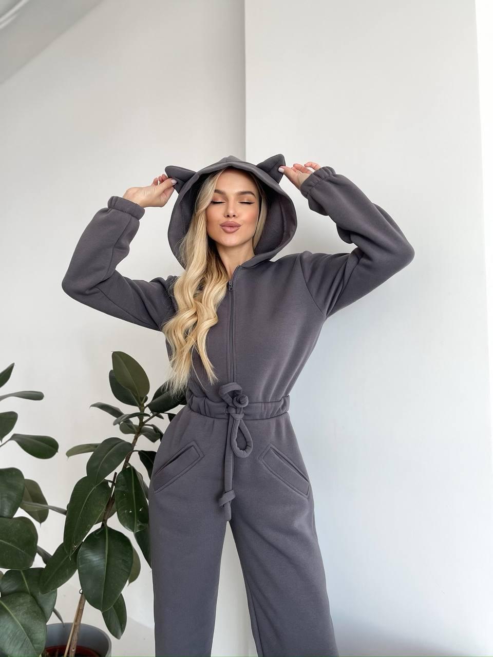Damen Jumpsuit Kuschelig Känguru-Taschen Tierohren Norvielle