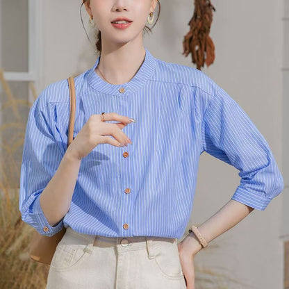 Damen Bluse Gestreift Stehkragen Elegante Bluse