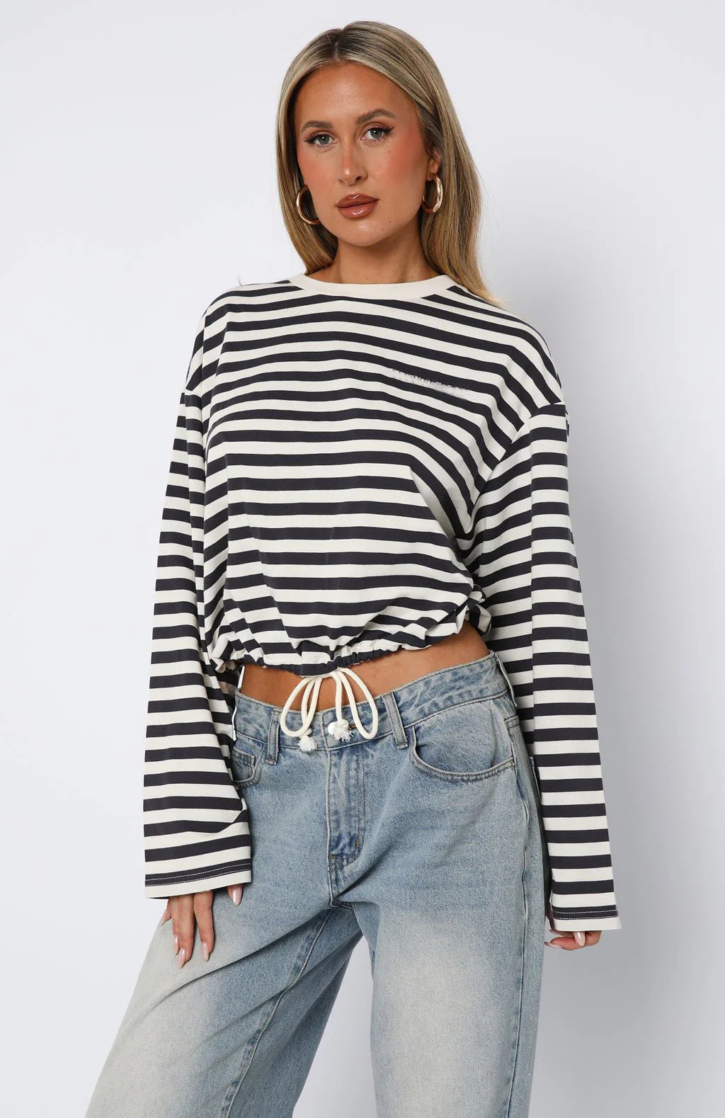 Damen Crop- Gestreift Kordelzug Beige