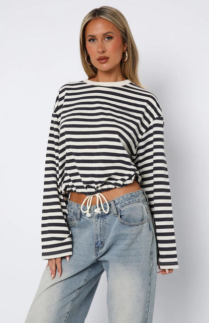 Damen Crop- Gestreift Kordelzug Beige