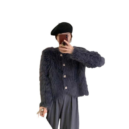 Damen Kurzjacke Flauschig Knopfdesign