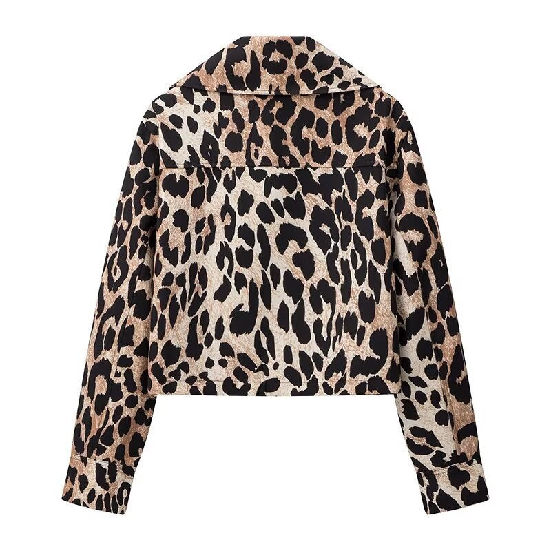 Damen Leopardenjacke Kurz Urbaner Stil Praktische Taschen Norvielle