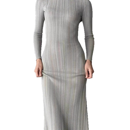 Damen Maxikleid Rippstrick Langärmlig Figurbetont