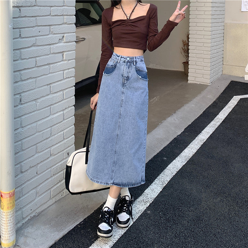 Damen Maxi-Denimrock Hochtaillierter Bund Seitenschlitz