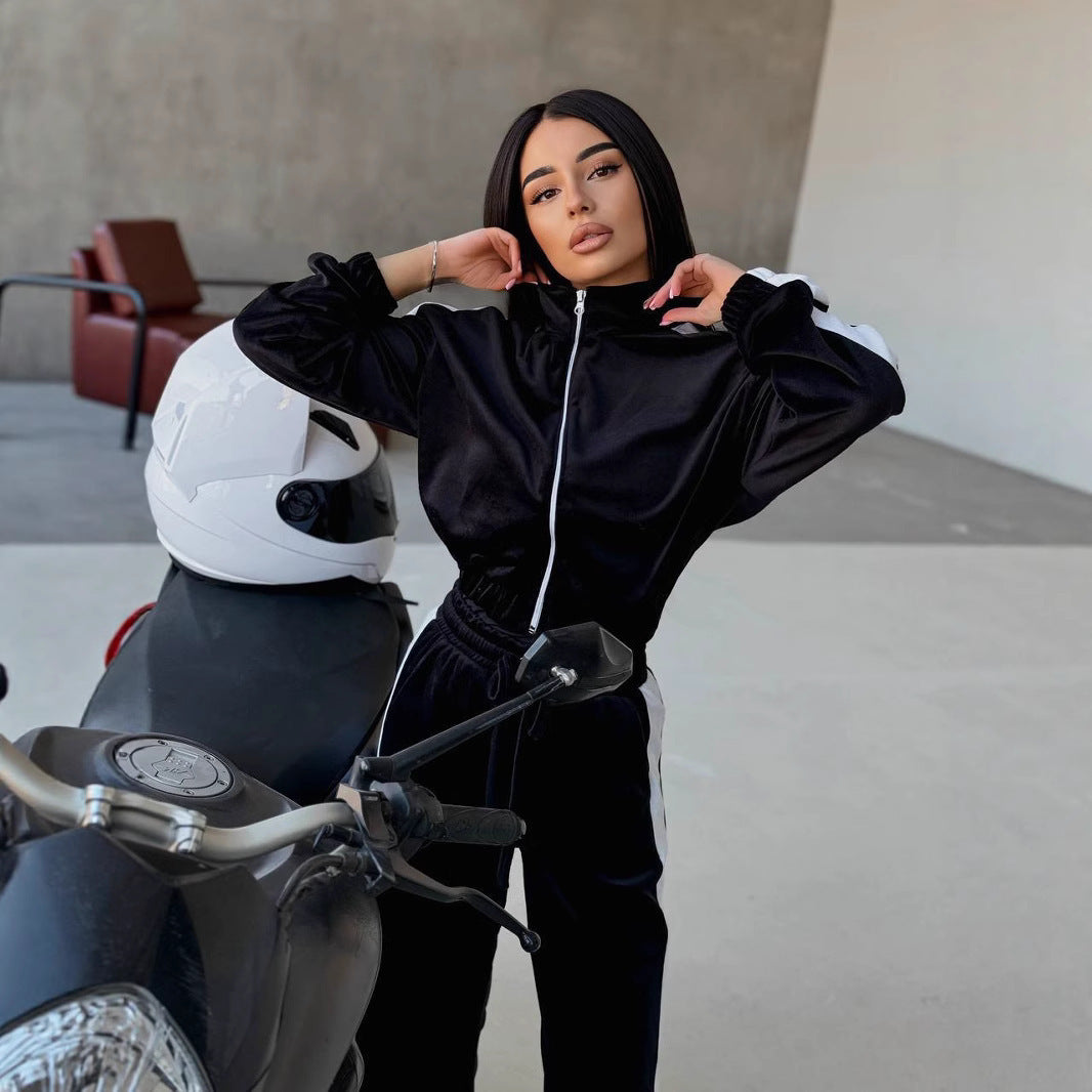 Damen Velours Jogginganzug Kontraststreifen Norvielle