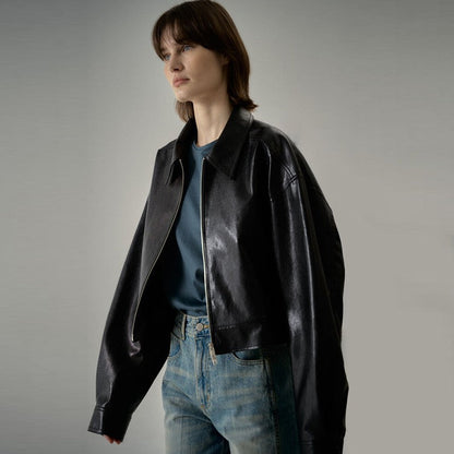 Damen Lederjacke Weit Schnitt Moderner Kragen
