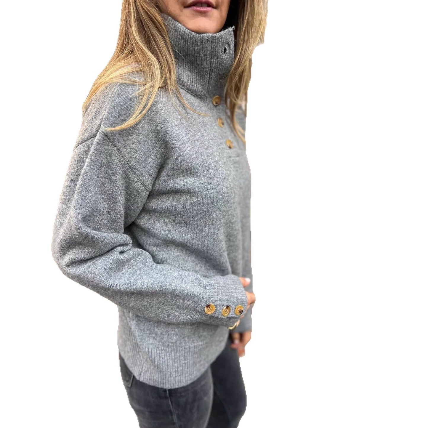 Damen Pullover Hohler Kragen Dekorative Knöpfe Norvielle