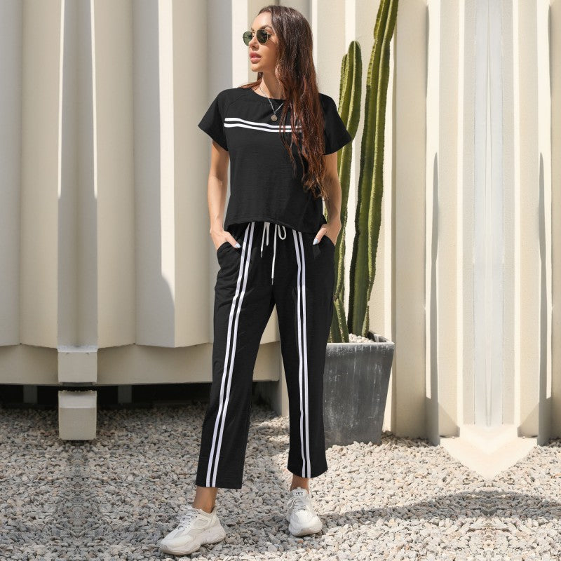 Damen Sportset Gestreiftes Oberteil Bequeme Hose